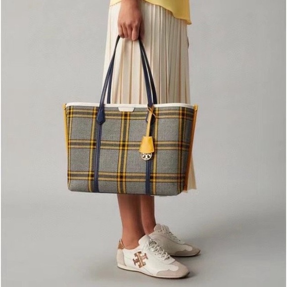 NWT Tory Burch Perry Wool Plaid Triple Compartment Tote Bag Yellow Navy 75551 - Picture 7 of 7